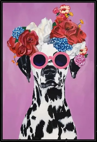 Картина Далматинец в очках с розами и гортензией