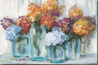 Картина маслом Гортензии в банках