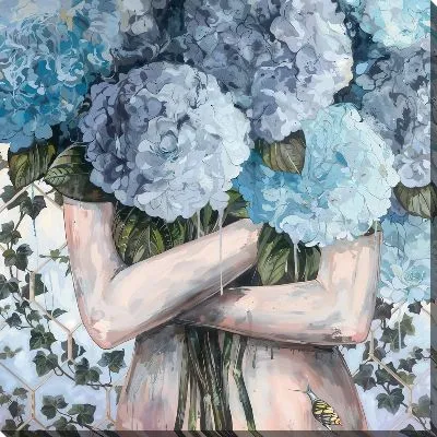 Картина маслом Девушка обнимает гортензии