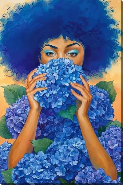 Картина маслом Девушка с синими волосами и гортензиями