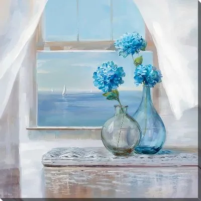 Картина маслом Гортензии в прозрачных вазах у распахнутого окна