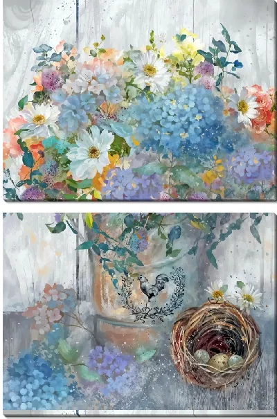 Модульная картина Букет гортензий и перепелиный яйца