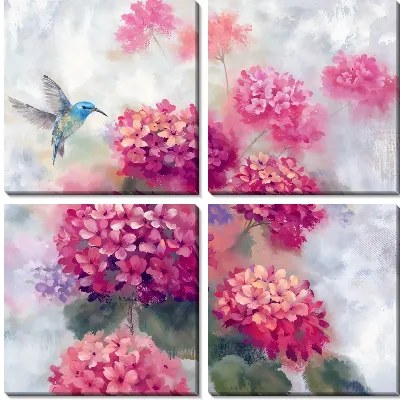 Модульная картина Колибри и букет гортензий