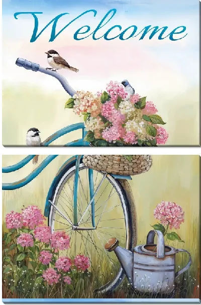 Модульная картина Welcome  с велосипедом и гортензиями