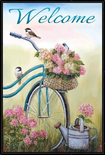Картина Welcome  с велосипедом и гортензиями