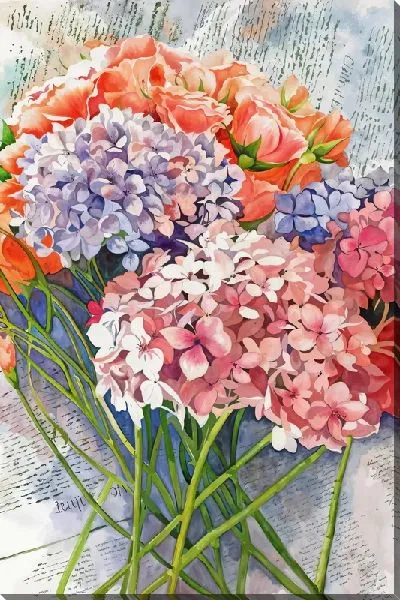 Картина маслом Букет гортензий на газете