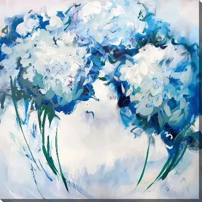 Картина маслом Три бело-голубых гортензии