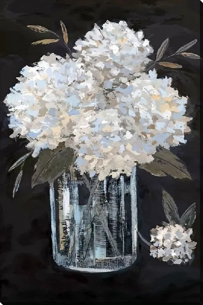 Картина маслом Белые гортензии в стеклянной вазе