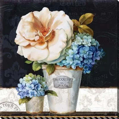 Картина маслом Роза и гортензии в вазах