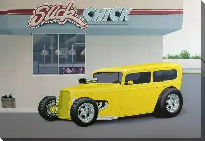 Картина маслом Желтый ретро автомобиль у здания