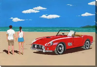 Картина маслом Влюбленные на пляже рядом с красным автомобилем