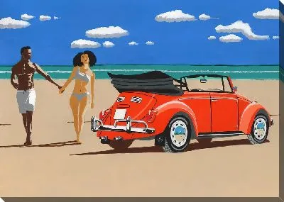 Картина маслом Влюбленные на красном автомобиле на пляже