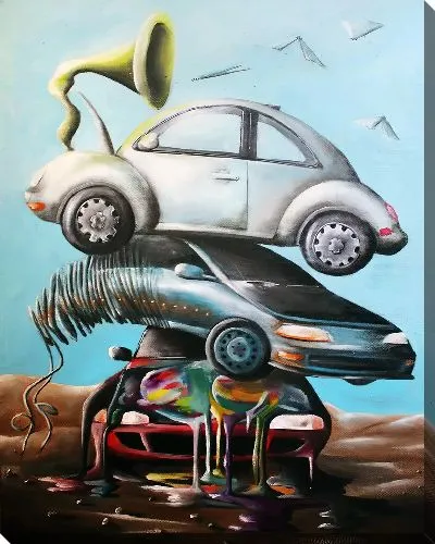 Картина маслом Свалка из автомобилей с патефоном