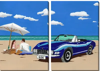 Модульная картина Парочка на пляже рядом с синем автомобилем