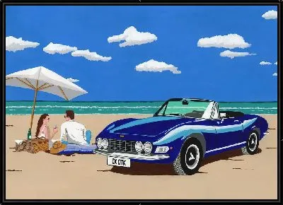 Картина Парочка на пляже рядом с синем автомобилем