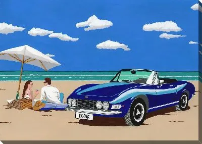Картина маслом Парочка на пляже рядом с синем автомобилем