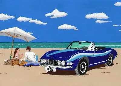 Плакат Парочка на пляже рядом с синем автомобилем