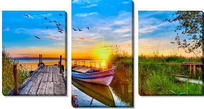 Модульная картина Лодка у причала на фоне заката