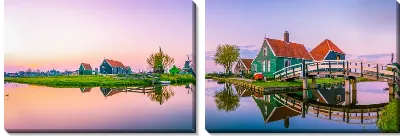 Модульная картина Голландская деревня у воды на закате