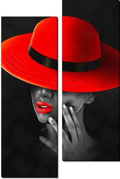 Модульная картина Стильная девушка с красными губами и в красной шляпе