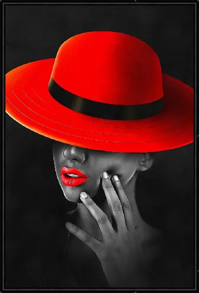 Картина Стильная девушка с красными губами и в красной шляпе