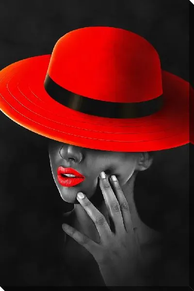 Картина маслом Стильная девушка с красными губами и в красной шляпе