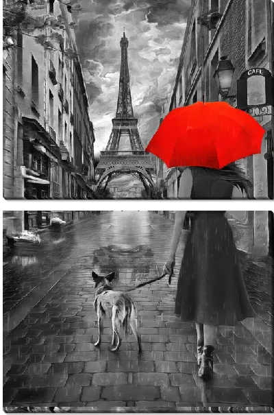 Модульная картина Прогулка по Парижу девушки с собакой и красным зонтом