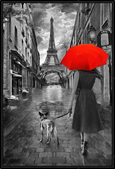 Картина Прогулка по Парижу девушки с собакой и красным зонтом
