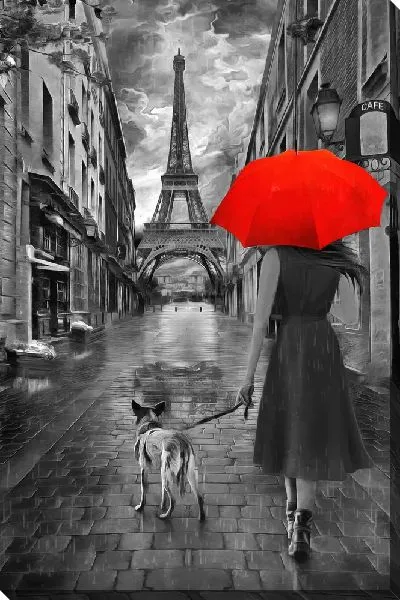 Постер Прогулка по Парижу девушки с собакой и красным зонтом