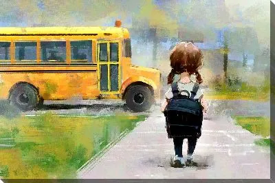 Прогулка девочки до школьного желтого автобуса