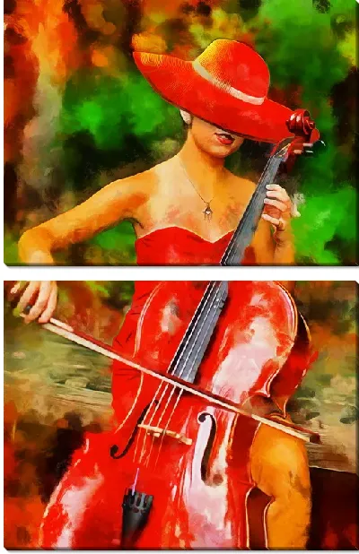 Модульная картина Девушка в красном играет на контрабасе