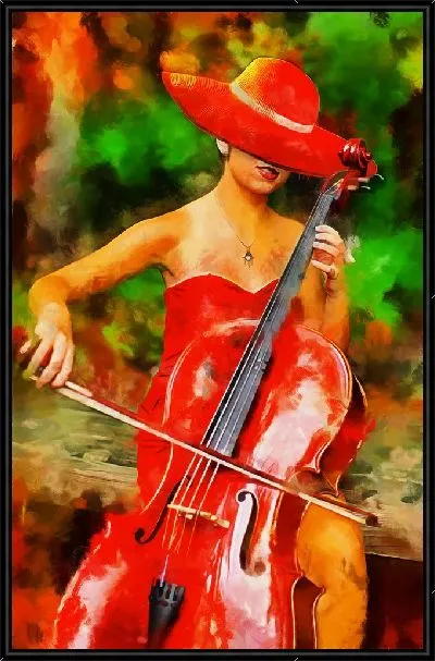Картина Девушка в красном играет на контрабасе