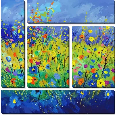 Модульная картина Поле с маками на синем фоне