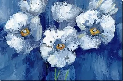 Картина маслом Белые маки на синем фоне