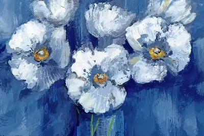 Плакат Белые маки на синем фоне