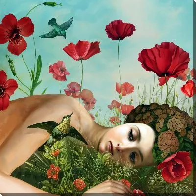 Картина маслом Девушка лежит на поле с маками