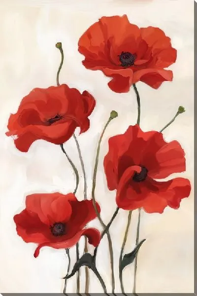 Картина маслом Четыре мака на светло-коричневом фоне