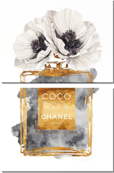 Модульная картина Духи с позолотой и белыми маками