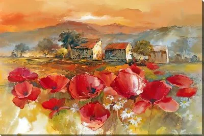 Картина маслом Поле маков на фоне деревни