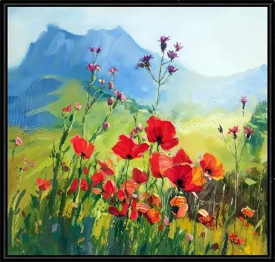 Поле маков на фоне гор