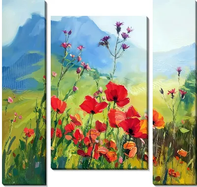 Поле маков на фоне гор