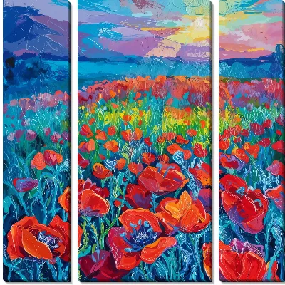 Модульная картина Поле маков в стиле мастихин