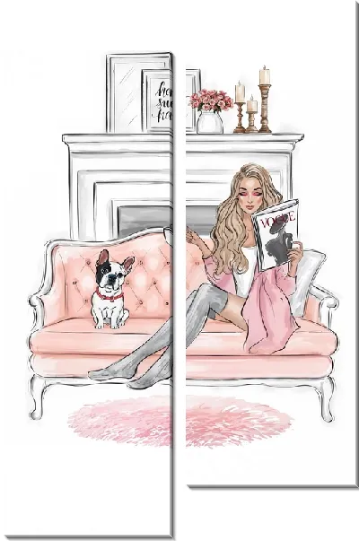 Модульная картина Модница на диване с собакой