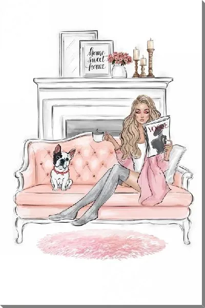 Картина маслом Модница на диване с собакой