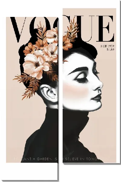 Модульная картина Одри Хепберн с цветами на голове