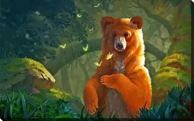 Постер Медведь и летающие вокруг бабочки