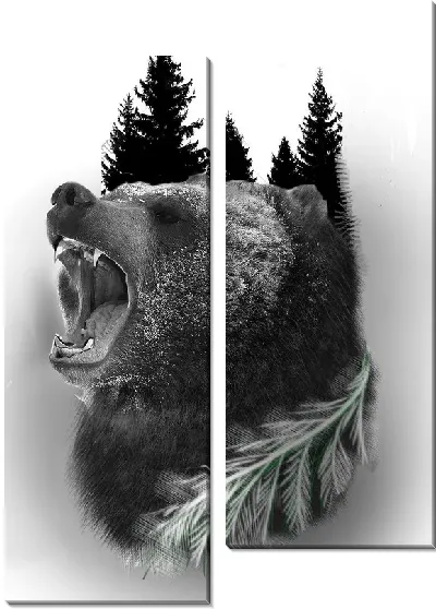 Модульная картина Черно-белая двойная экспозиция с медведем