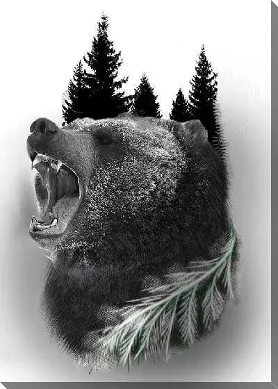 Картина маслом Черно-белая двойная экспозиция с медведем