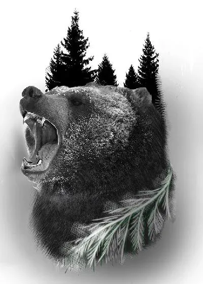 Плакат Черно-белая двойная экспозиция с медведем