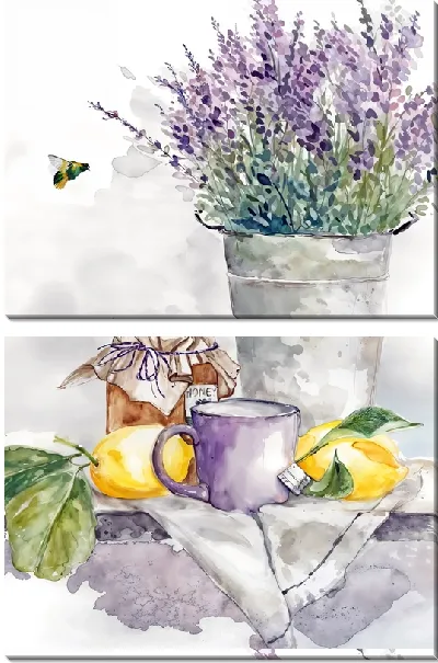 Модульная картина Лаванда в вазе с пчелами и лимонами